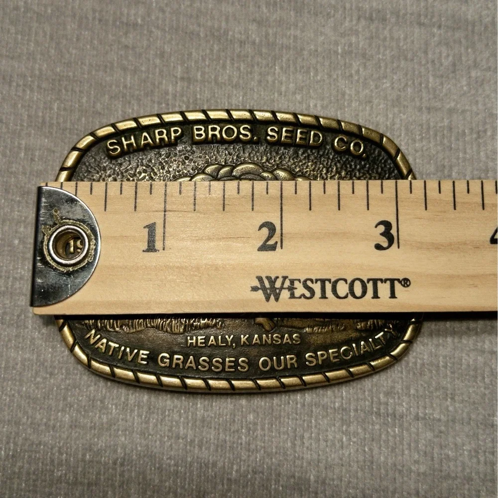 Vtg 1983 SHARP BROS. SEED CO. Belt Buckle Brass‎ HEALY, KANSAS 25th Anniversary